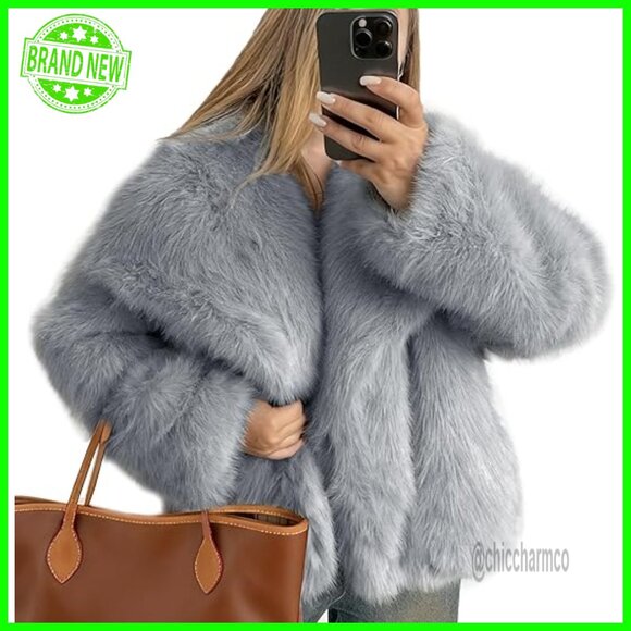 Faux Fur Coat Winter Jacket Shawl Collar Snap Closure Relaxed Fit